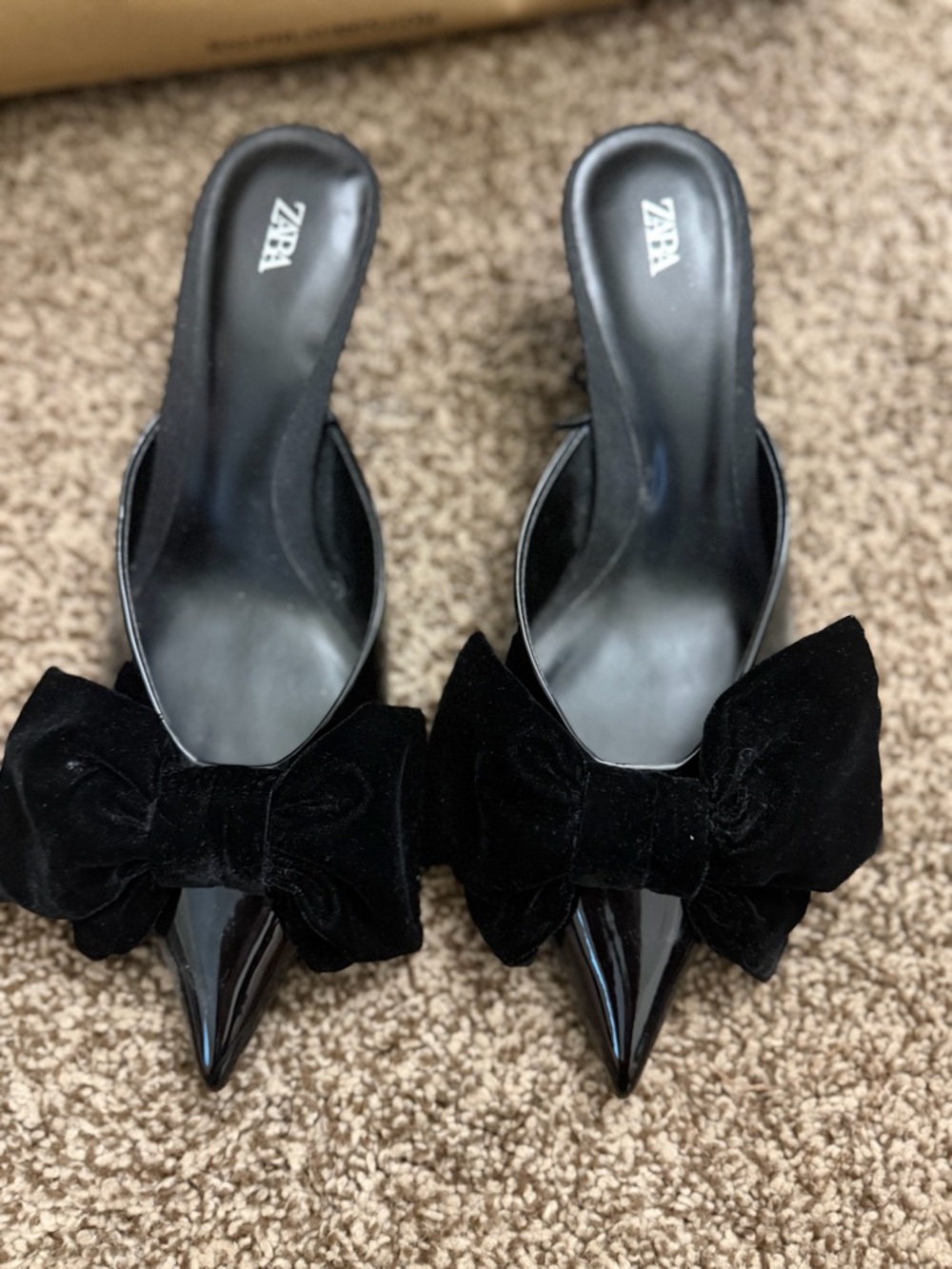 Zara Black Pointed Patent Mules with Velvet Bow